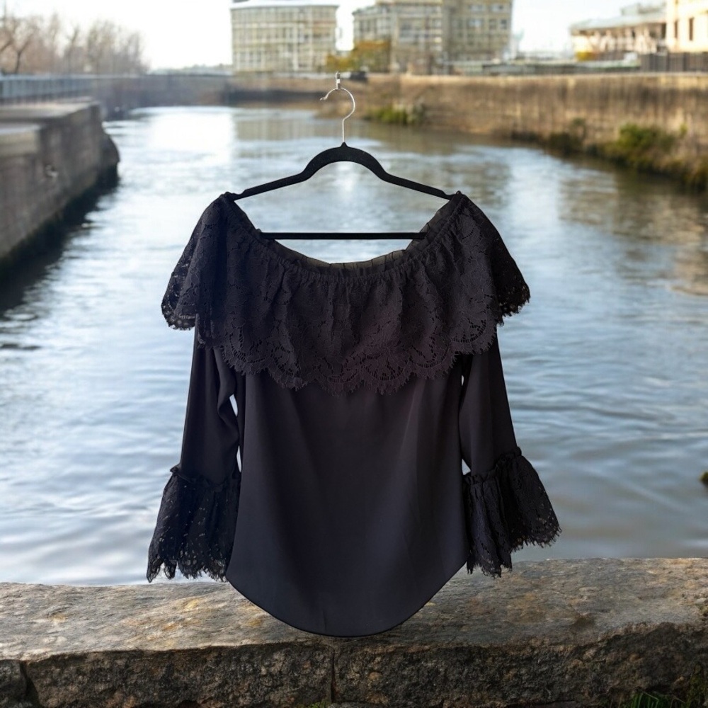 WHBM Black Off-Shoulder Top with Wide Black Lace - Picture 6 of 13
